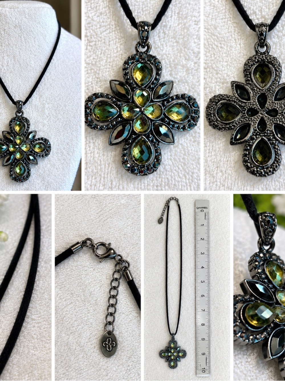 Green Crystal Flower Cross Pendant Necklace - Unbranded